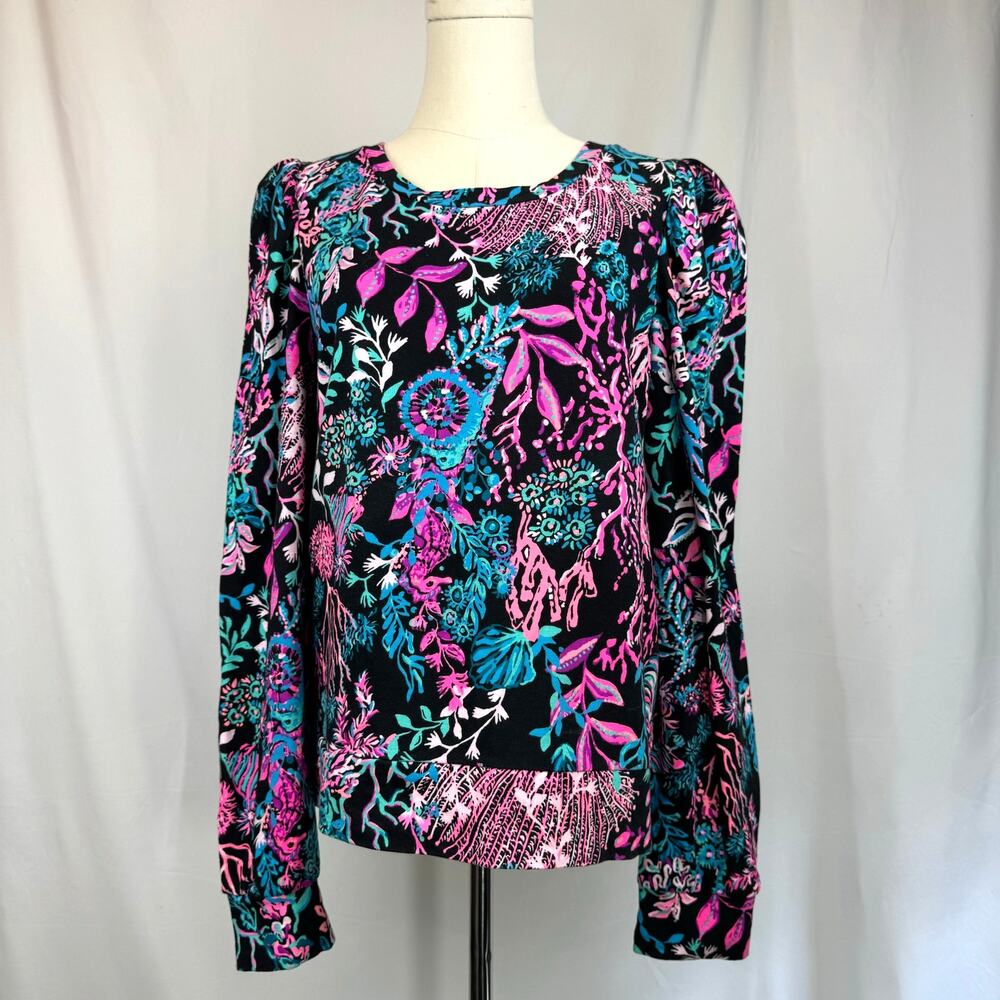 Lilly Pulitzer Twilight Coral Jansen Sweatshirt Puff Sleeve Pullover Top Size L